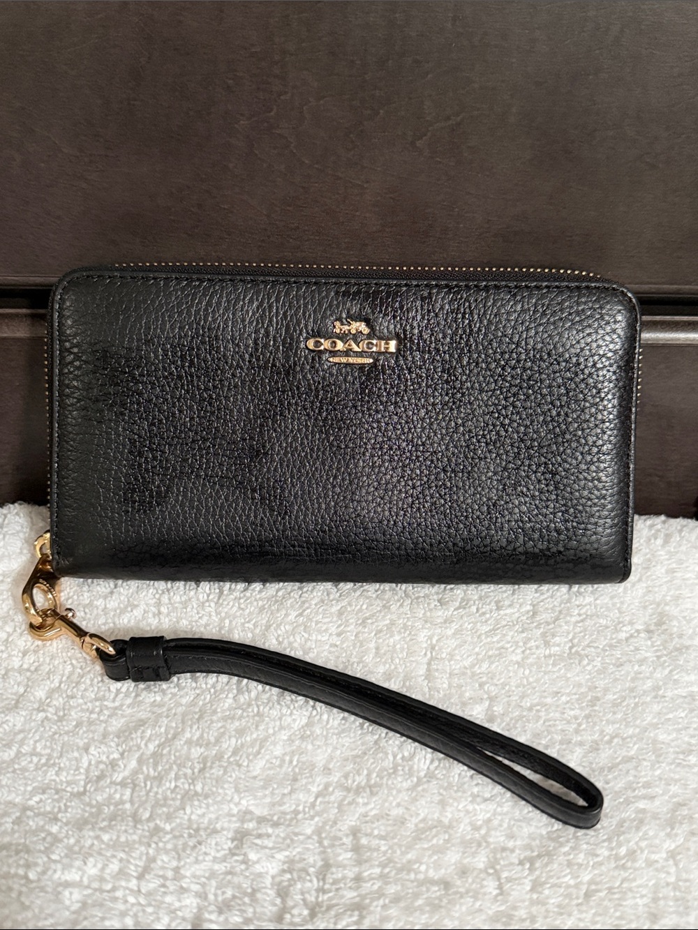 Coach Black Pebbled Leather Wristlet with Gold Hardware